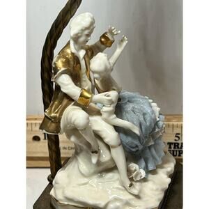 Vintage Dresden Lace Porcelain Lamp Romantic Couple Figurine Gold Trim Decor